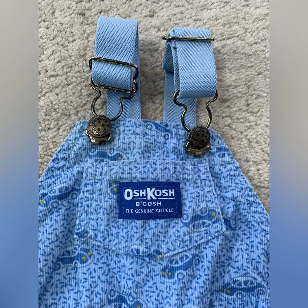 Vintage OshKosh Size 12 Months Blue Transportation Car Print Corduroy Overalls